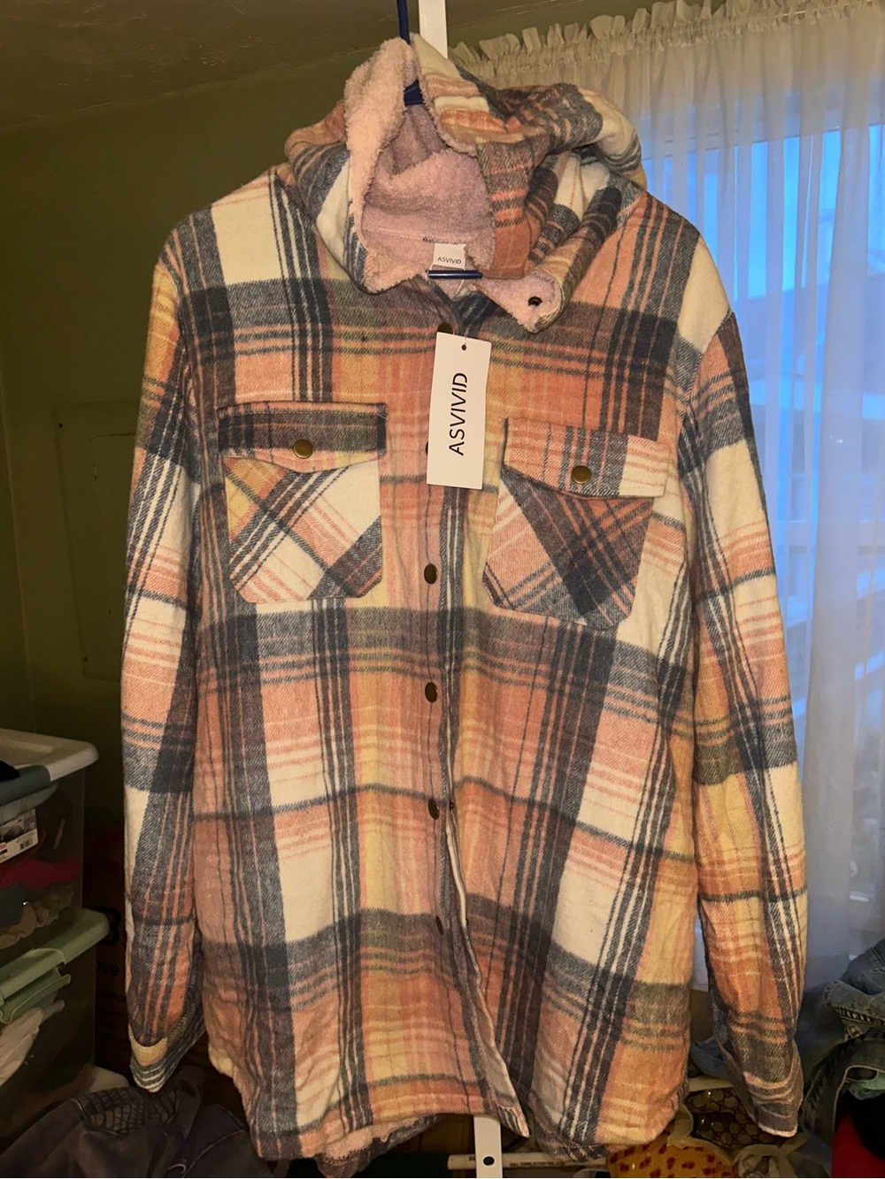 ASVIVID Plush-Lined Plaid Shacket in Pink & Navy